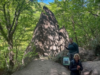 In many ways it was a resounding hike. Thirteen hours from the lower car park and back. Jirisan is a steep course. The hike up to Cheonwangbong (1915m) is 1300m in only 5km. This was a good reminder for my two American guests. I find it hard to determine the exact time it will take to do the loop course. 8-12hrs. Big variance. 
It was a pearler of a day. The weather was stunning. Spring greens and a heaven blue sky. A cool zephyr. At the summit area it was windier and colder. Even in the afternoon, hoar frost 상고대 stuck horizontally from trees and remained in the cracks of rocks. 
The only thing open by the time we get back to the dark, still carpark was the GS25. It had a low-lit hall with a black backdrop. A few misfit night hikers sat at some the tables. We cooked our noodles at the hot water dispenser, threw in some soft boiled eggs, cheese, took a table and washed it down with cold beer. Fantastic achievement for them two. Strong memories of Korea from this. They never shirked for a moment. Chur.