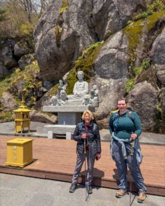 In many ways it was a resounding hike. Thirteen hours from the lower car park and back. Jirisan is a steep course. The hike up to Cheonwangbong (1915m) is 1300m in only 5km. This was a good reminder for my two American guests. I find it hard to determine the exact time it will take to do the loop course. 8-12hrs. Big variance. 
It was a pearler of a day. The weather was stunning. Spring greens and a heaven blue sky. A cool zephyr. At the summit area it was windier and colder. Even in the afternoon, hoar frost 상고대 stuck horizontally from trees and remained in the cracks of rocks. 
The only thing open by the time we get back to the dark, still carpark was the GS25. It had a low-lit hall with a black backdrop. A few misfit night hikers sat at some the tables. We cooked our noodles at the hot water dispenser, threw in some soft boiled eggs, cheese, took a table and washed it down with cold beer. Fantastic achievement for them two. Strong memories of Korea from this. They never shirked for a moment. Chur.