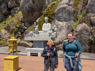 In many ways it was a resounding hike. Thirteen hours from the lower car park and back. Jirisan is a steep course. The hike up to Cheonwangbong (1915m) is 1300m in only 5km. This was a good reminder for my two American guests. I find it hard to determine the exact time it will take to do the loop course. 8-12hrs. Big variance. 
It was a pearler of a day. The weather was stunning. Spring greens and a heaven blue sky. A cool zephyr. At the summit area it was windier and colder. Even in the afternoon, hoar frost 상고대 stuck horizontally from trees and remained in the cracks of rocks. 
The only thing open by the time we get back to the dark, still carpark was the GS25. It had a low-lit hall with a black backdrop. A few misfit night hikers sat at some the tables. We cooked our noodles at the hot water dispenser, threw in some soft boiled eggs, cheese, took a table and washed it down with cold beer. Fantastic achievement for them two. Strong memories of Korea from this. They never shirked for a moment. Chur.